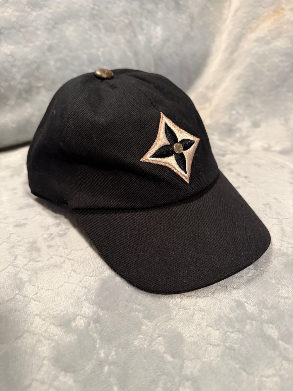 Louis Vuitton Black Baseball Cap with Beige and Gold Logo